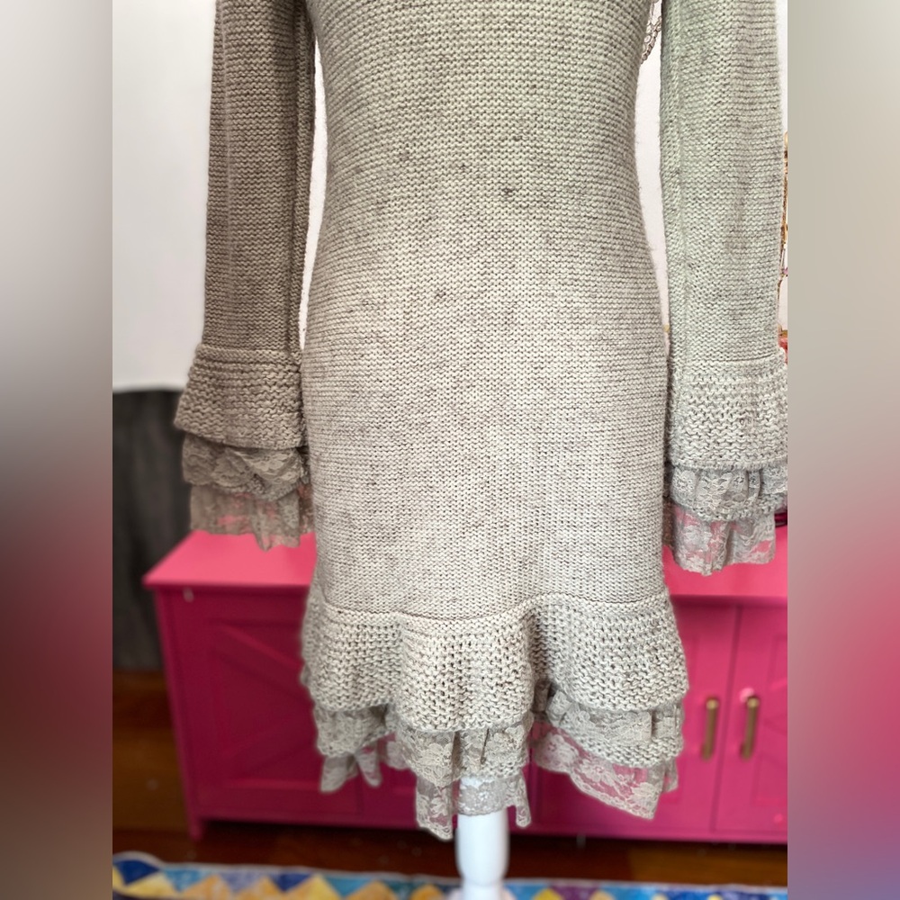❌SOLD❌ SIONI MIXED MEDIA APPLIQUÉ WOOL CARDIGAN SWEATER LARGE GREY BROWN - Picture 6 of 9